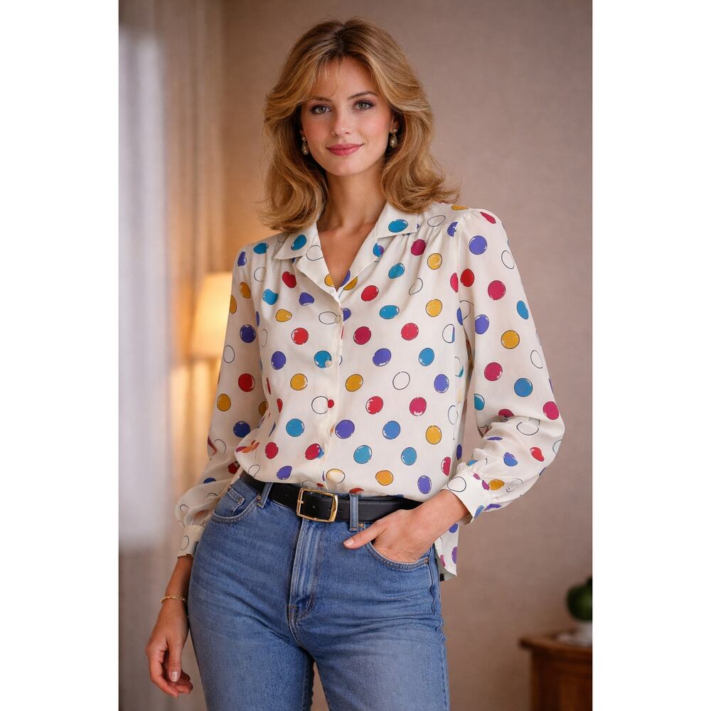 Vintage CHAUS Colorful Polka Dot Blouse Retro 80s Secretary Career Long Sleeve 8